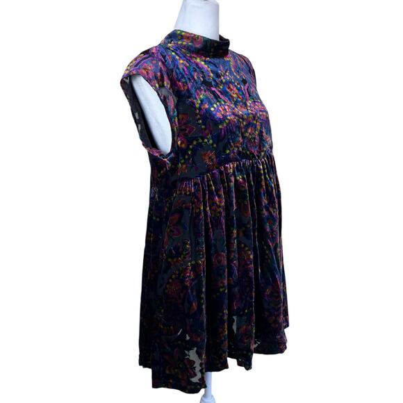 Free People Sz S All the Time Velvet Mini Dress in Dark Night Combo Boho Sexy - Picture 7 of 16